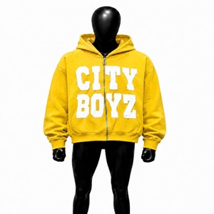 Sweat-shirt à capuche jaune City Boyz pour homme, coupe oversize, style streetwear, en coton French Terry, coupe classique, imprimé lettres sur le devant, automne - Product Image 1