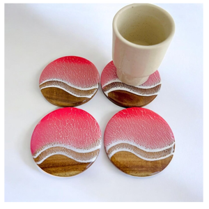 Handmade Ocean Wave Epoxy Wood Coasters – Decorative Round Drink Coaster 4 <b>pc</b> <b>Set</b> - Product Image 1