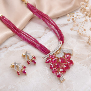 Premium <b>Ruby</b> Pink Brass CZ Classic <b>Necklace</b> Earrings Set Rhodium Plated Tassel Bridal Wedding Jewelry LISAJEWELLERS for Women - Product Image 2