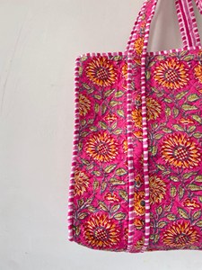 Bolso Tote de Algodón Acolchado con Estampado Floral Rosa Bohemio, Bolso de Compras Casual Abierto con Estampado a Mano para Mujer - Product Image 3