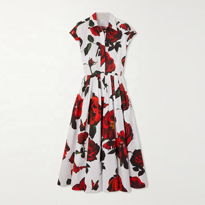 Robe chemise midi plissée en coton imprimé à col polo blanc et manches courtes pour femme, collection Printemps-Été, personnalisable par le fabricant de vêtements - Product Image 1