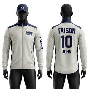 Veste d'entraînement de volley-ball pour hommes, tissu polyester spandex premium 230 GSM, blanc et bleu marine, empiècements contrastés, fermeture éclair intégrale, impression par sublimation - Product Image 1