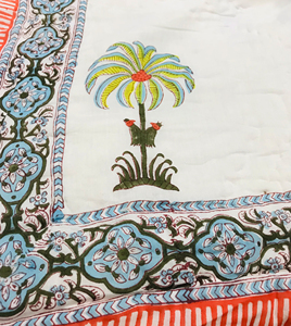 Handmade Reversible Block Print Cotton <b>Quilt</b> with Palm Tree Pattern Bohemian Style Red Striped Border All-Season Home Use - Product Image 5