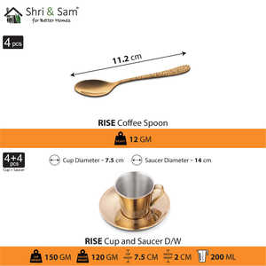 4 PCS Double Wall Stainless Steel Drink <b>Cup</b> <b>and</b> <b>Saucer</b> <b>Set</b> Gold PVD Coating & Laser Rise Design - Product Image 3