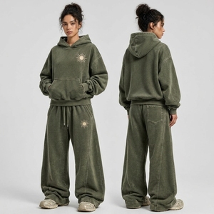 Ensemble de survêtement décontracté pour femme, vert olive, avec sweat à capuche oversize et pantalon large, style streetwear, deux pièces, tenue de détente - Product Image 1