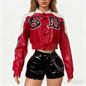 Women’s Short PU Leather Motorcycle <b>Jacket</b> Letter Print Patchwork, Single-Breasted Racing <b>Biker</b> <b>Jacket</b> with Front Logo - Product Image 5