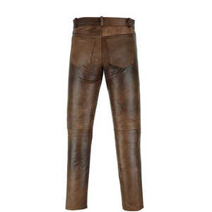 Pantalon décontracté pour homme en cuir véritable marron, taille haute, coupe droite, avec poches latérales, braguette boutonnée, épais, pour l'automne - Product Image 4