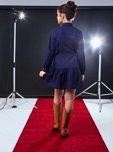 Girls <b>Navy</b> Blue Ruffle Hem Shirt <b>Dress</b> with Contrast Piping - Product Image 4