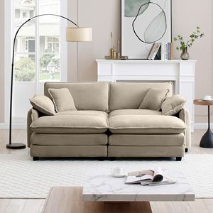 Divano da Teatro a Due Posti in Corduroy Tan con 2 Poggiapiedi per Piccoli Spazi Abitativi, Ottomana a Due Posti Inclusa - Product Image 3