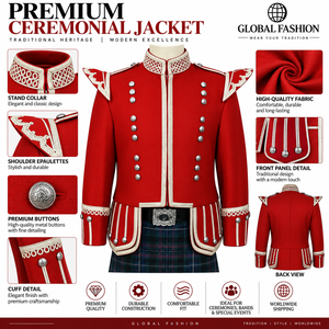 GLOBAL FASHION Men's Red Ceremonial <b>Jacket</b> Stand Collar Epaulettes <b>Silver</b> Buttons Formal Winter Wear - Product Image 1
