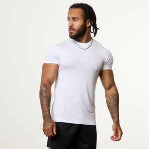 Camiseta de Manga Corta para Hombre, Cuello Redondo, Ajustada, Blanca, Informal, de Algodón, Transpirable, de Color Sólido, Tejida - Product Image 1