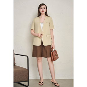 Blazer Amarillo Elegante de Verano para Mujer, Manga Corta, Un Solo Botón, Informal, para Oficina, Cuello en V, Spandex/Poliéster JAYCE - Product Image 1