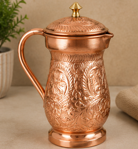 Pichet à eau en cuivre artisanal avec couvercle, design floral embossé vintage, grande capacité, vaisselle pour la maison, bien-être ayurvédique indien - Product Image 1