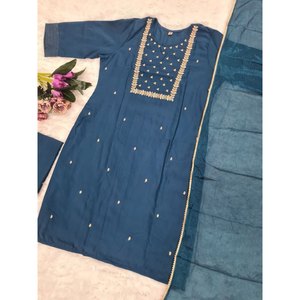 SÉQUENCE DE SLUB DE RAYONNE LA PLUS CHOISIE TRAVAIL EN DESSUS AVEC DUPATTA BLEU - Product Image 2
