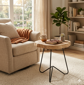 Modern <b>Rustic</b> Live Edge Solid <b>Wood</b> Slab Side <b>Table</b> Contemporary Round Accent Stool Coffee <b>Table</b> With Metal Hairpin Legs - Product Image 1