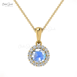 Colgante Halo de Oro Sólido de 14k Hecho a Mano con Piedra Lunar Arcoíris Natural de Corte Brillante de 4mm y Diamantes, Proveedor Mayorista - Product Image 1