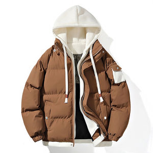 Blouson matelassé à capuche pour homme, marron, avec blocs de couleur, coupe ample, épais, pour l'hiver, en duvet, décontracté, avec empiècements, chaud - Product Image 4