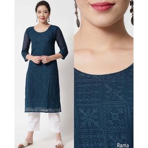 CRÉATEUR GEORGETTE LUCKNOWI CHICKENKARI KURTI TEAL - Product Image 1