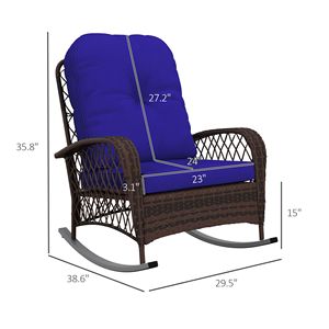 Sedia a dondolo in rattan blu scuro per appartamento, sedia a dondolo da esterno in vimini con telaio in acciaio e cuscino in poliestere per patio, giardino, cortile - Product Image 3