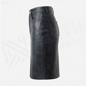 Falda lápiz de cintura alta de piel sintética para mujer, hasta la rodilla, de color sólido con abertura frontal, para todas las estaciones. - Product Image 3
