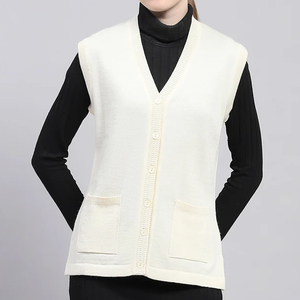 Gilet en tricot sans manches pour femme, col en V, avec poches, couleur unie, décontracté, pour l'automne, 100% acrylique, simple boutonnage - Product Image 1