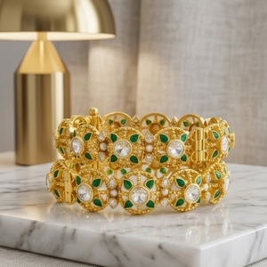 Traditional Ethnic Designer 925 Silver Monzo Bangles Green Stone Crystal Designer <b>Kada</b> Set for Women Wedding Jewelry - Product Image 2