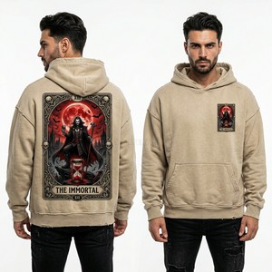 Sudadera con Capucha Beige Extra Grande Personalizada para Hombre, Estampado Vintage de Cartas del Tarot, Estilo Urbano, Sudadera de Felpa Francesa Gruesa, Sudadera con Capucha con Gráfico de Vampiro - Product Image 1