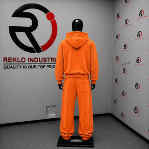 Conjunto de chándal de terciopelo naranja para mujer, con sudadera con cremallera completa, pantalones de pierna ancha, dos piezas, con pedrería, de lujo, estilo casual urbano para correr - Product Image 4