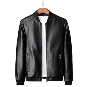 Men's Tan PU Bomber <b>Jacket</b> Stand Collar Zipper Closure Casual Autumn Style Regular Fit Solid Color Leather <b>Jacket</b> - Product Image 5