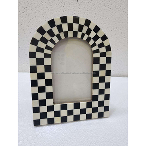 Handcrafted Wooden Arch Photo <b>Frame</b> with Black and Ivory Checker Pattern <b>Vintage</b> Modern Home Decor - Product Image 1