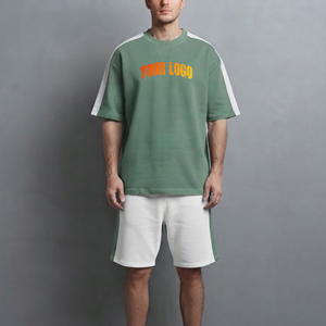 Ensemble T-shirt et short streetwear uni pour homme, séchage rapide, respirant, manches courtes, coupe ample, 100 % coton, survêtement décontracté - Product Image 1