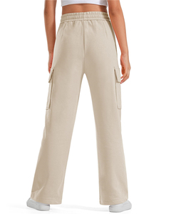 Pantalon de jogging cargo beige en coton et polyester pour adolescentes, taille élastiquée avec cordon de serrage, coupe large - Product Image 2