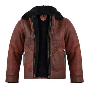 Veste en cuir marron vintage pour homme, col en fourrure noire, manteau d'hiver en peau de mouton véritable, doublure en polaire chaude, veste de motard - Product Image 2