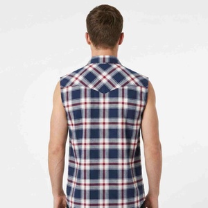 Premium Quality Sleeveless Plaid <b>Flannel</b> <b>Shirt</b> <b>Blue</b> Black Checkered Casual Button Down Collar Breathable Cotton Spring Men Tees - Product Image 2