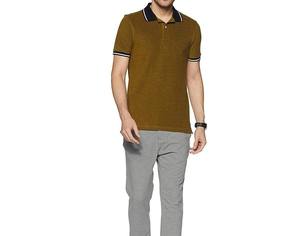 Polo Marrón para Hombre, Manga Corta, Corte Regular, Tejido de Punto, Ribete en Contraste, Estilo Casual, Color Sólido - Product Image 1