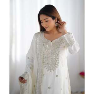 Beautiful Chiffon Top-Plazzo and Dupatta <b>Set</b> with <b>Embroidery</b> Sequence Work Long Sleeve - Product Image 3