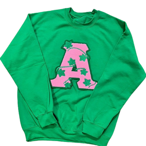 Green Crew Neck Sweatshirt with <b>Pink</b> Letter A and Green Leaf Embroidery <b>Long</b> <b>Sleeve</b> Pullover Casual Women's Fashion <b>Top</b> Soft - Product Image 1