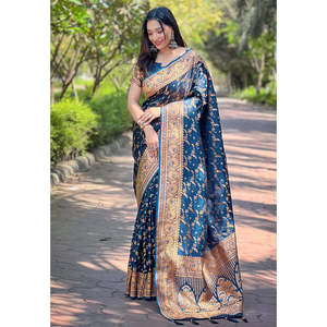 Sari en soie Katan Banarasi bleu profond Elite Weaves avec tissage Zari, vêtements indiens et pakistanais - Product Image 3