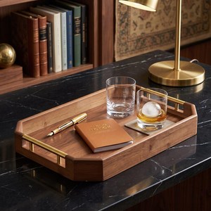 Bandeja de almacenamiento de madera con asas de metal, diseño clásico en forma de polígono para organizar el escritorio, organizador de oficina multifuncional - Product Image 5