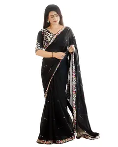 Ấn Độ truyền thống georgette rangoli lụa Saree và banglori lụa áo đẹp Sequins thêu Dori làm việc