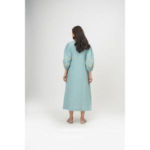 Robe longue trapèze faite main de haute qualité avec col carré, manches lanternes, en lin, couleur unie, respirante, style été pour femme - Product Image 5