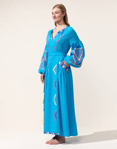 Women Turquoise Cotton Maxi Dress Geometric Embroidery <b>Balloon</b> Sleeve V Neck Tie Waist Boho Dress - Product Image 4