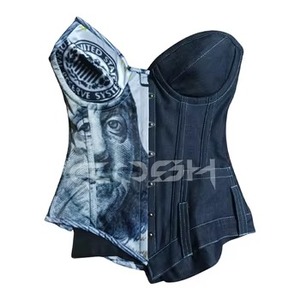 Top Corset con Copas con Aros y Varillas de Acero, Bicolor, con Panel de Mezclilla y Estampado de Billetes de Dólar, para Salir de Noche y Fiestas - Product Image 2