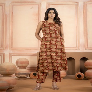 Conjunto de pantalón y Kurti estampado marrón para mujer, ropa étnica sin mangas, conjunto de Kurti informal y recto - Product Image 3