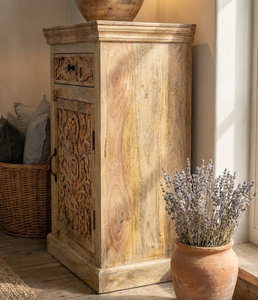 Mueble de Madera Maciza Tradicional con Acabado Natural, Tallado a Mano con Mandala, 1 Cajón y 1 Puerta, Estilo Rústico para Bar en Casa - Product Image 3