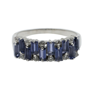 Bague de luxe en argent sterling 925 avec finition rhodiée, pierre bleue taille baguette et accents de zirconium cubique blancs pour femme - Product Image 1