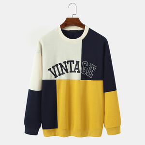 Men's Vintage Color Blocking Crew Neck Pullover Sweatshirt Regular Fit Knitted 100% Cotton Anti-Pilling Autumn Style - Product Image 1