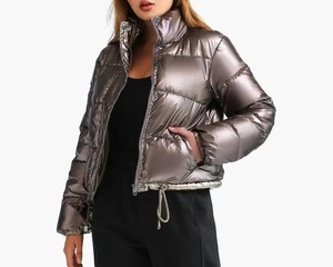Chaqueta Acolchada para Mujer, Cuello Alto, Manga Larga, Corta, Color Gris Metálico, Abrigo de Invierno, Cierre de Botones, Poliéster Grueso - Product Image 4
