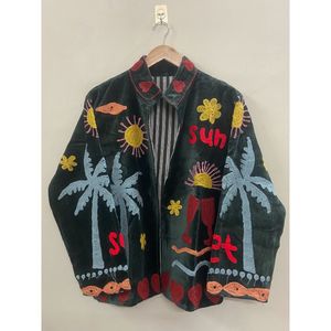 Veste en velours de coton Suzani brodée à la main, écologique, respirante, séchage rapide, automne/hiver, pour femme, style bohème, palmiers, vin - Product Image 6