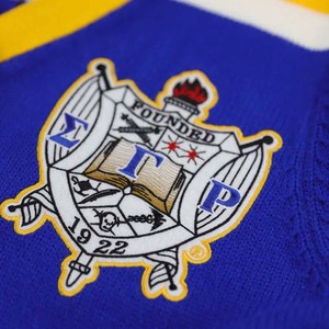 เสื้อสเวตเตอร์ Sigma Gamma Rho Sorority แบบติดกระดุม ลายตราสัญลักษณ์ สีน้ำเงิน/เหลือง  งานปักอักษรเชนิลล์แบบเรียบ  ด้านหน้าปักลายตามสั่ง สำหรับฤดูใบไม้ร่วง - Product Image 3